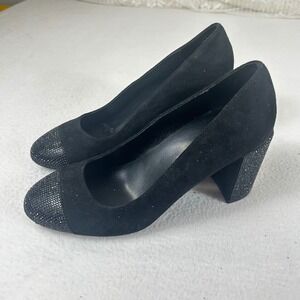 White‎ House Black Market Black Suede Rhinestone Cap Toe Block Heel Pumps 7.5M